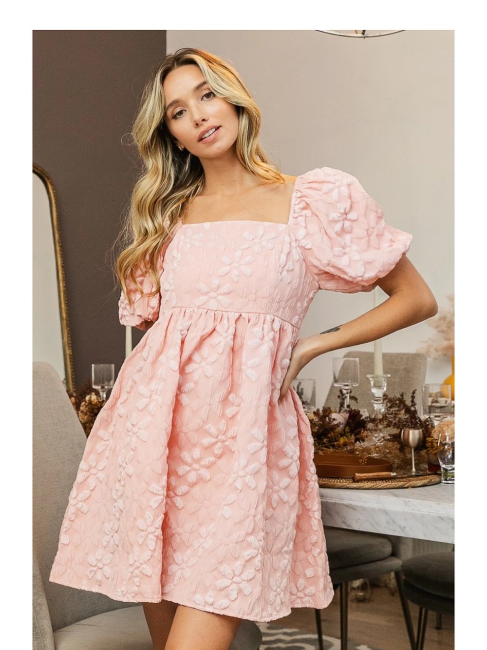 BiBi Light Pink Puff-Sleeve Floral Mini Dress